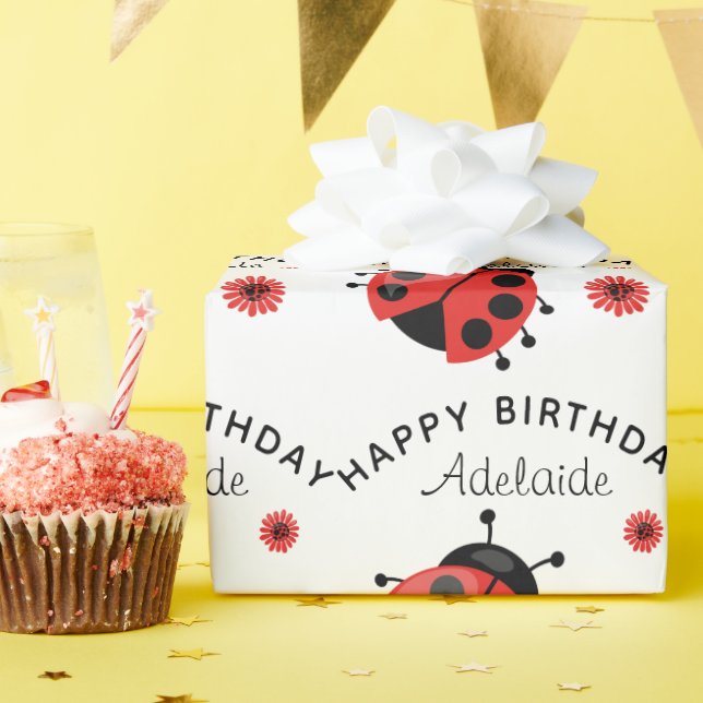 Cute Modern Red Ladybug Personalised Wrapping Pape Paper (Birthday Party)