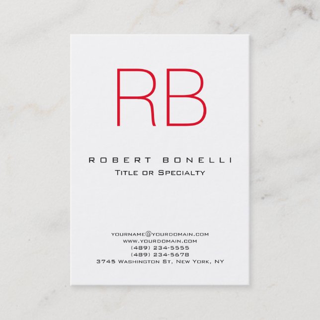 Cute Modern Red Monogram White Business Card (Front)