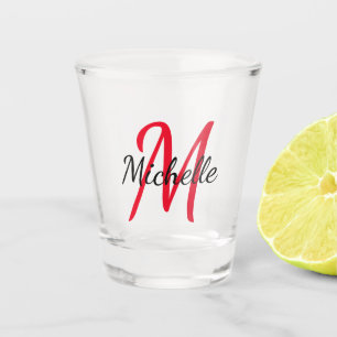 Cute Modern Red Monogrammed Name + Initial Shot Glass