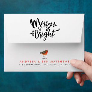 Cute Modern Red White Christmas Bird Watercolor Envelope