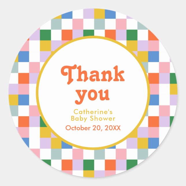 Cute Modern Retro Colourful Checks Gender Neutral Classic Round Sticker (Front)
