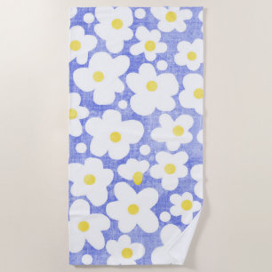 Cute Modern Retro Daisy Blue Yellow White Beach Towel