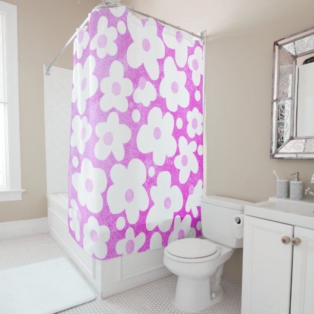 Cute Modern Retro Daisy Pattern Hot Pink Shower Curtain (In Situ)