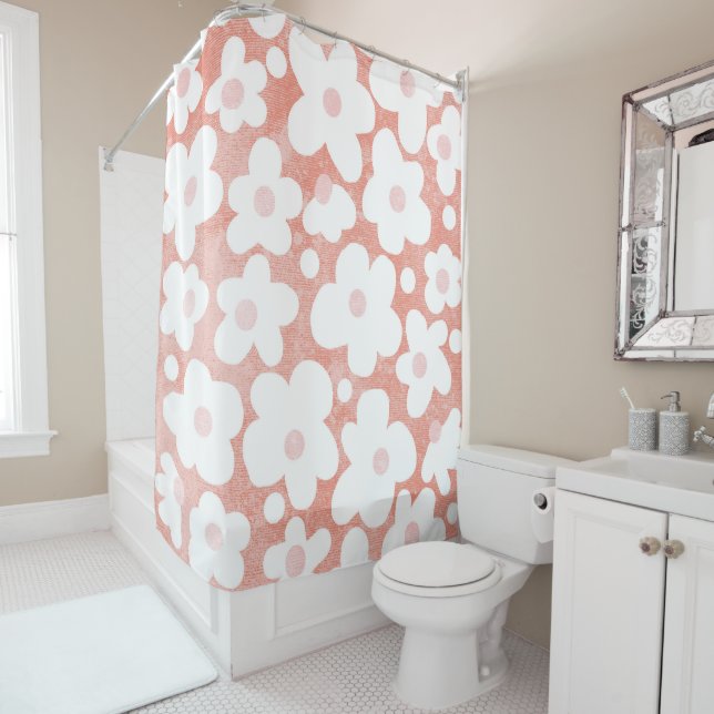 Cute Modern Retro Daisy Pattern Pink Terracotta  Shower Curtain (In Situ)