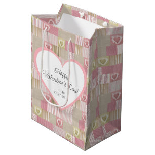 Cute Modern Rustic Patchwork Pink Heart   Medium Gift Bag
