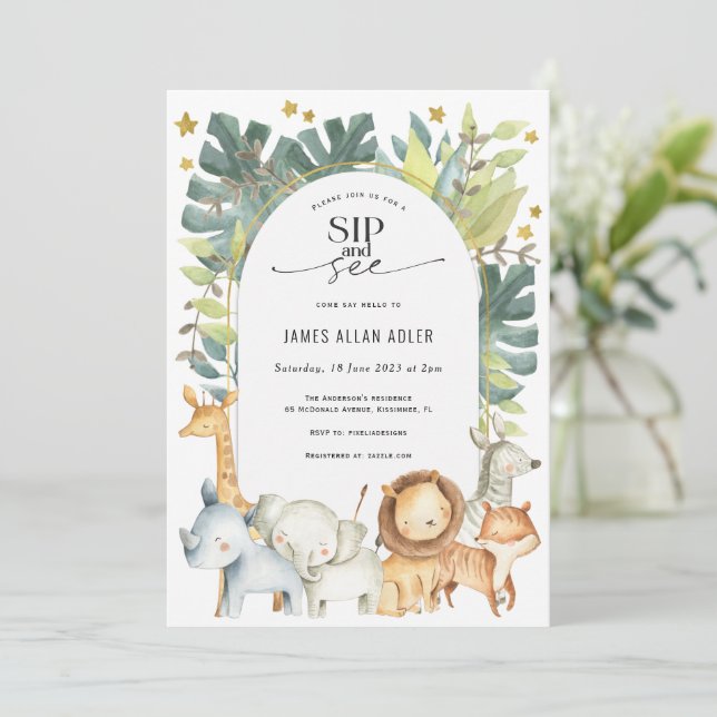 Cute modern safari sip and see baby shower invitation (Standing Front)