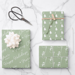Cute Modern Sage Green Snowman Christmas Trees Wrapping Paper Sheet