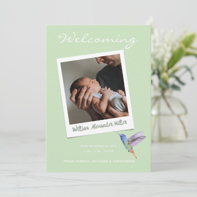 Cute Modern Sage Instant Photo Baby Birth Announcement (Standing Front)