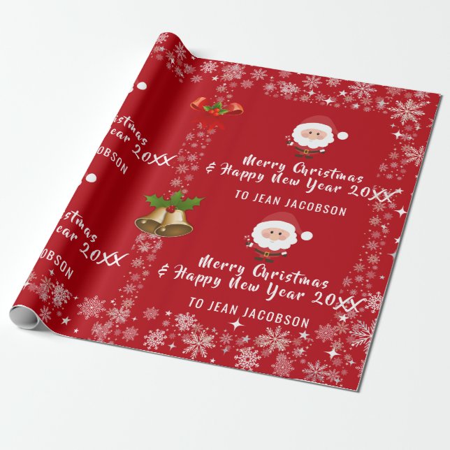 Cute Modern Santa Claus Snowflakes Personalised Wrapping Paper (Unrolled)