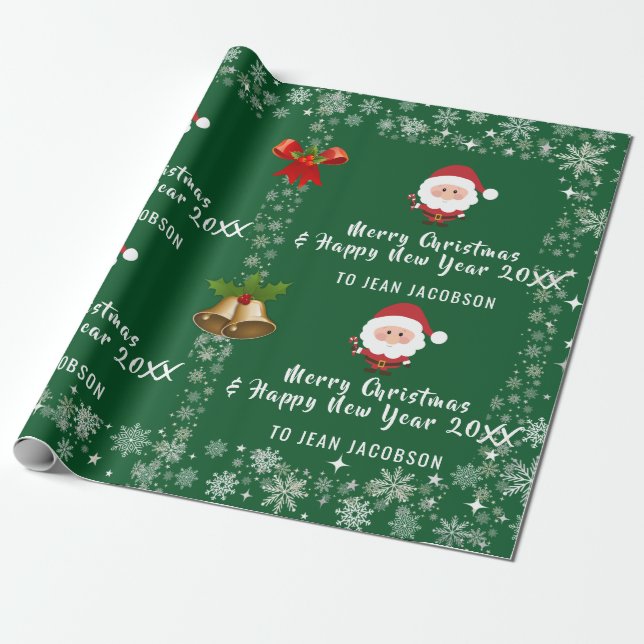 Cute Modern Santa Claus Snowflakes Personalised Wrapping Paper (Unrolled)