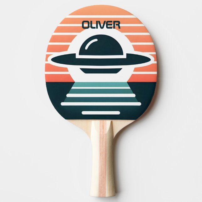 Cute Modern Simple UFO Illustration at Sunset Ping Pong Paddle (Front)