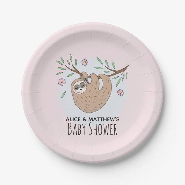 Cute Modern Sleeping Sloth Kids Baby Shower Paper Plate (Front)