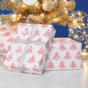Cute Modern Snowy Pink Christmas Trees on White Wrapping Paper