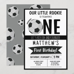 Cute Modern Soccer Ball Ribbon Kids 1st Birthday Invitation