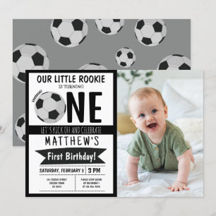 Cute Modern Soccer Ribbon Photo 1st Birthday Invitation