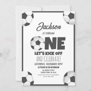 Cute Modern Soccer Sports Kids 1st Birthday Invitation