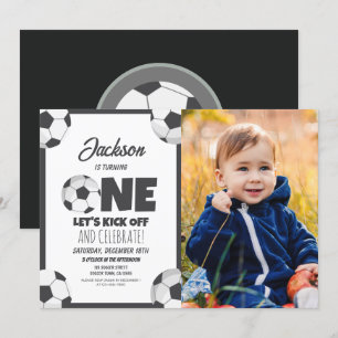 Cute Modern Soccer Sports Photo 1st Birthday Invitation