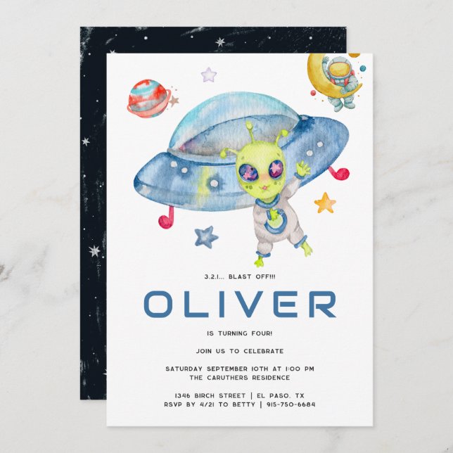 Cute Modern Space Alien UFO Birthday Party Invitation (Front/Back)