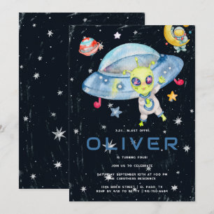 Cute Modern Space Alien UFO Birthday Party Invitation