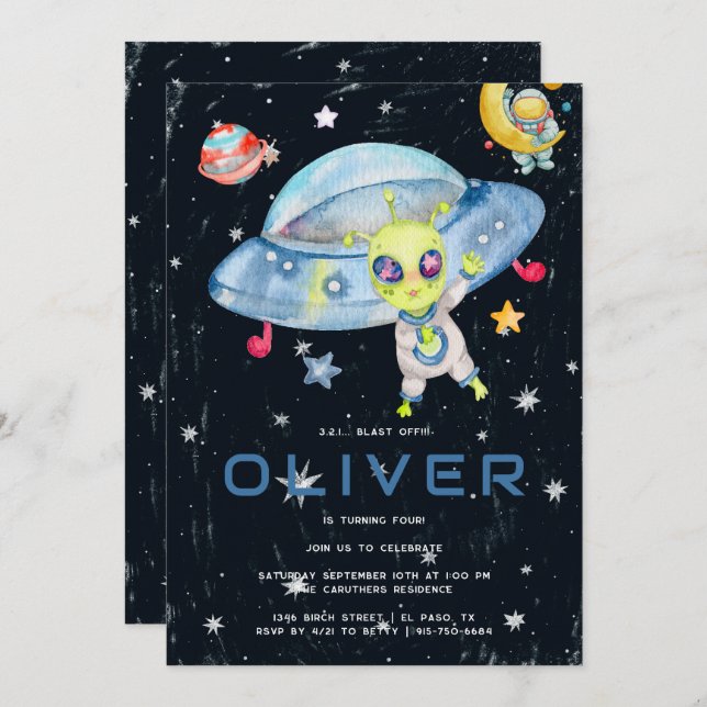Cute Modern Space Alien UFO Birthday Party  Invitation (Front/Back)