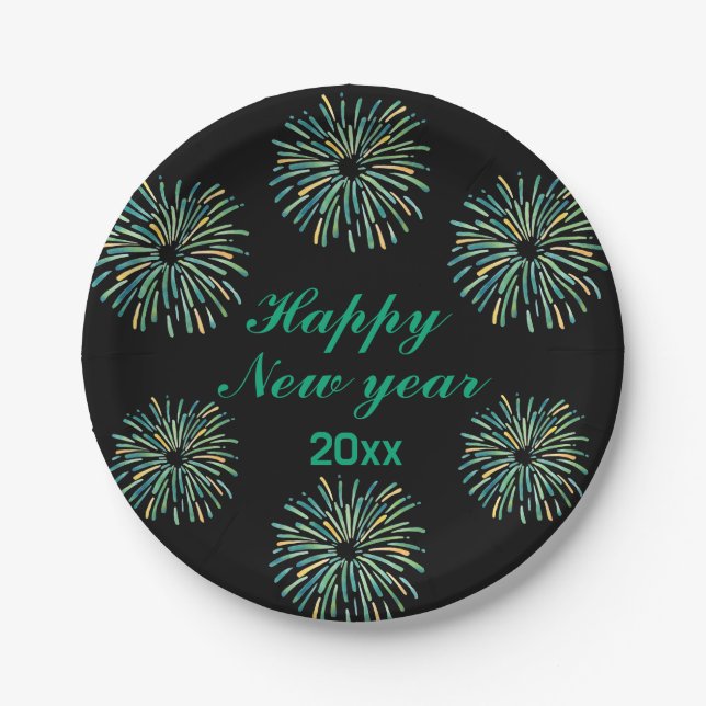 Cute Modern sparkling Black Happy New year  Paper Plate (Front)