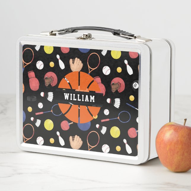Cute Modern Sports Champion Personalised Kids Blue Metal Lunch Box (In Situ)