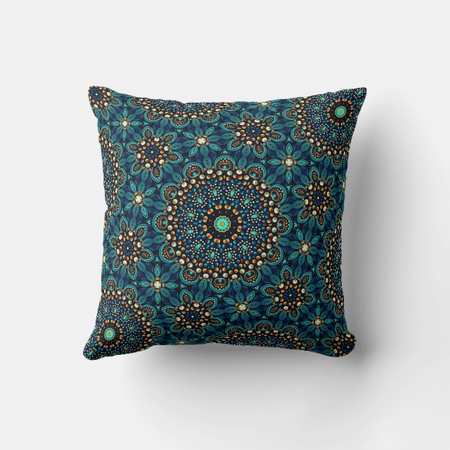 Cute Modern Stylish Teal and Gold Mandala Pattern Cushion (Back)