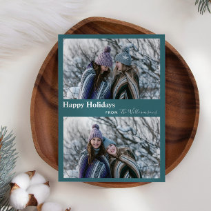 Cute Modern Teal Green Two Photo Typography Happy  Holiday Card
