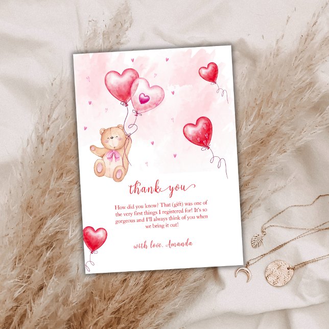Cute Modern Teddy Bear Heart Balloon Baby Shower  Thank You Card (Cute Modern Teddy Bear Heart Balloon Baby Shower Thank You Card)