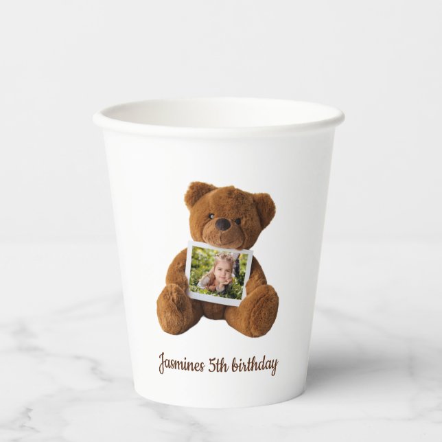 Cute modern teddy  bear photo birthday  paper cups (Front)