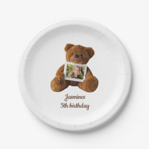 Cute modern teddy bear photo birthday paper plate