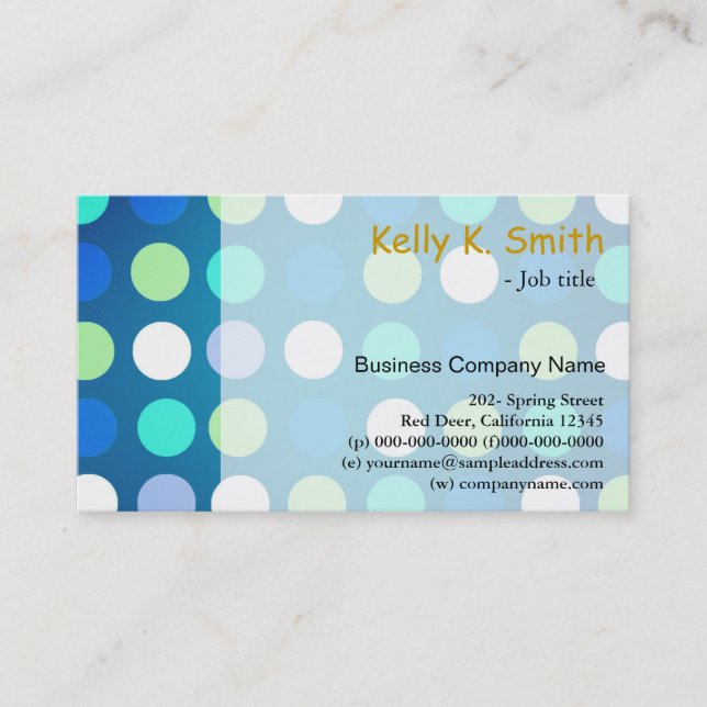 Cute, modern, trendy, big blue, green polka dots business card (Front)