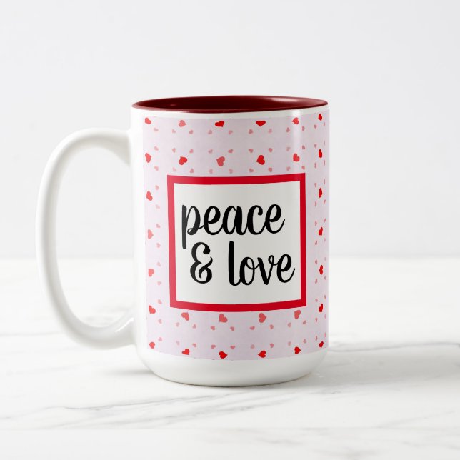 Cute Modern Typography Peace and Love Two-Tone Coffee Mug (Left)