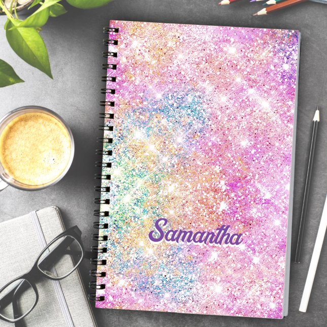 Cute modern unicorn hot pink faux glitter monogram notebook (Creator Uploaded)