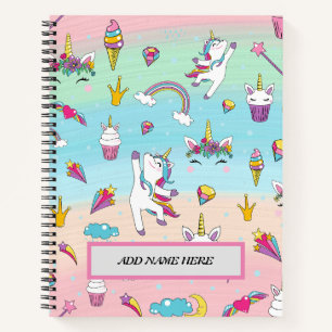 Cute Modern Unicorn Pattern Customisable Name  Notebook