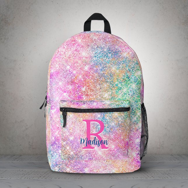 Cute modern unicorn pink faux glitter monogram printed backpack (Creator Uploaded)
