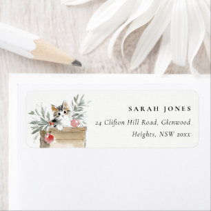 Cute Modern Watercolor Christmas Box Cat Address Return Address Label