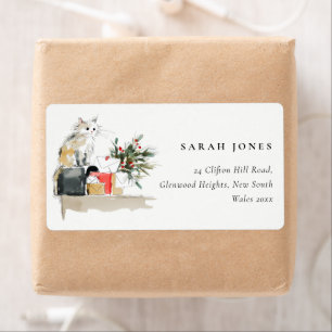 Cute Modern Watercolor Christmas Gift Cat Address