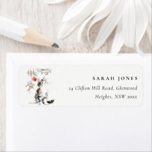 Cute Modern Watercolor Christmas Tree Cat Address Return Address Label