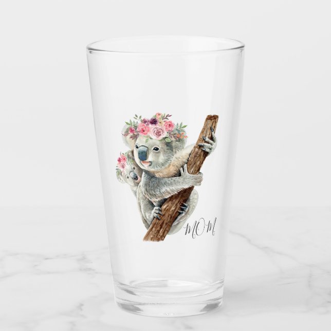 Cute Modern Watercolor Floral Koala Personalised Glass (Front)