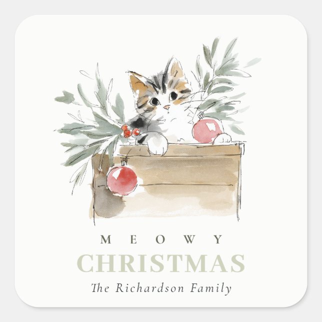Cute Modern Watercolor Meowy Christmas Box Cat Square Sticker (Front)