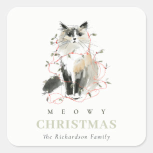 Cute Modern Watercolor Meowy Christmas Light Cat Square Sticker