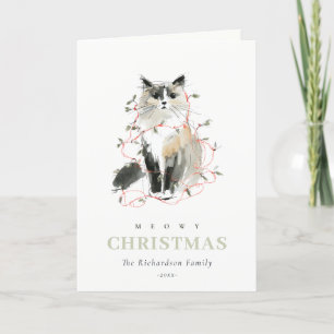 Cute Modern Watercolor Meowy Christmas Lights Cat Holiday Card