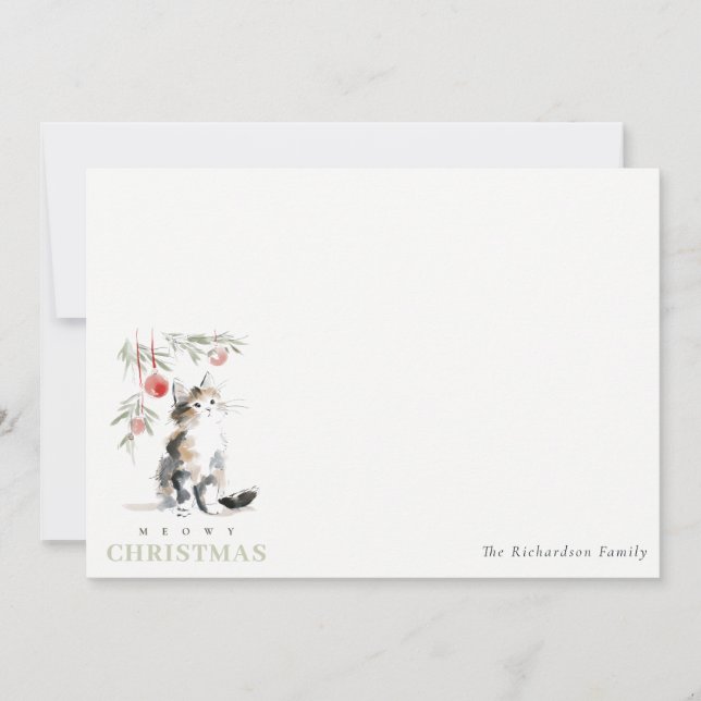 Cute Modern Watercolor Meowy Christmas Tree Cat Card (Front)