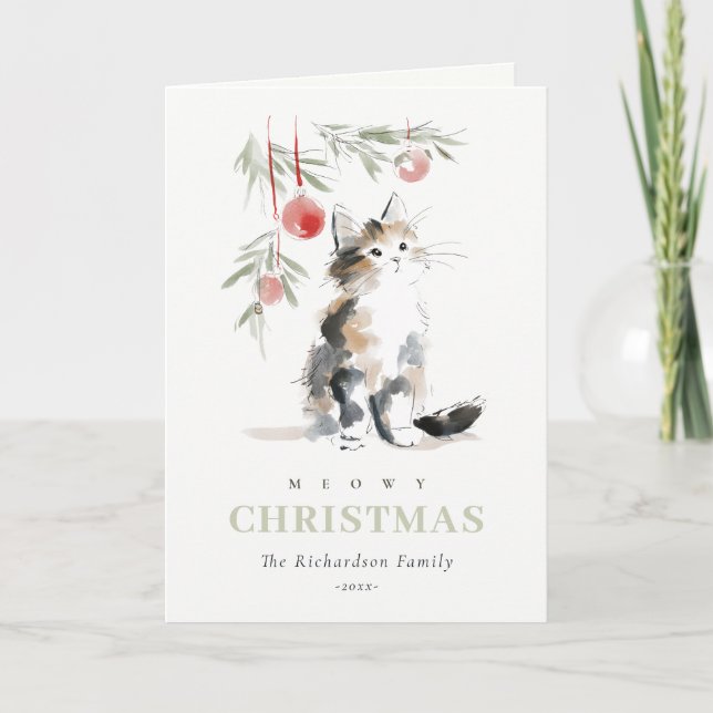 Cute Modern Watercolor Meowy Christmas Tree Cat Holiday Card (Front)