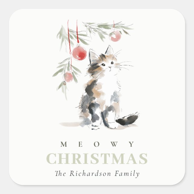 Cute Modern Watercolor Meowy Christmas Tree Cat Square Sticker (Front)