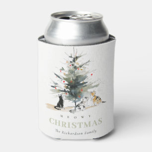 Cute Modern Watercolor Meowy Christmas Tree Cats  Can Cooler