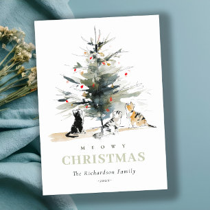 Cute Modern Watercolor Meowy Christmas Tree Cats  Holiday Card
