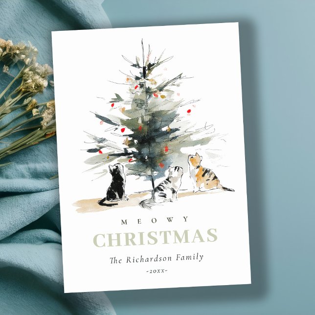 Cute Modern Watercolor Meowy Christmas Tree Cats  Holiday Card (Creator Uploaded)