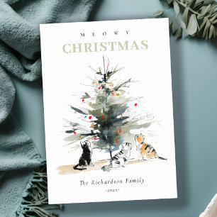 Cute Modern Watercolor Meowy Christmas Tree Cats  Holiday Card